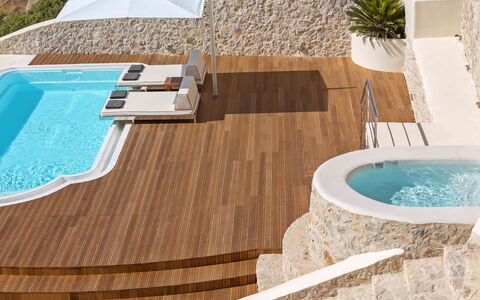 Villa Orestis: Outdoor Furniture, Composite Material, Swimming Pool, Resort, Deck, Wood Stain, Shade, Design, Plumbing Fixture, Umbrella