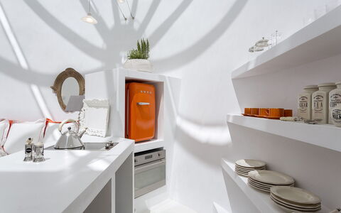 Villa Orestis: Interior Design, Lighting, Ceiling, Shelving, Shelf, Light Fixture, Room, Kitchen, Design, Countertop