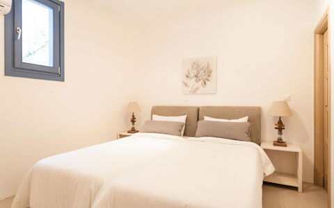 Villa Paradeisos: Furniture, Bed, Bedroom, Interior Design, Wall, Bedding, Bed Sheet, Wood, Floor, Room