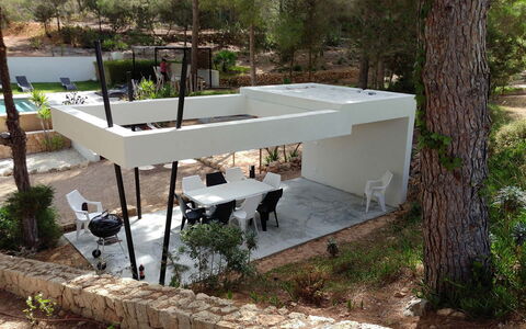 Villa Roja: Architecture, Shade, Concrete, Garden, Outdoor Structure, Natural Material, Landscaping, Design, Backyard, Pergola