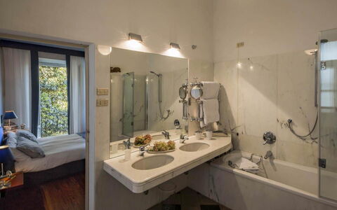 Villa Romantica: Interior Design, Flooring, Floor, Room, Plumbing Fixture, Bathroom, Ceiling, Plumbing, Linens, Bedroom