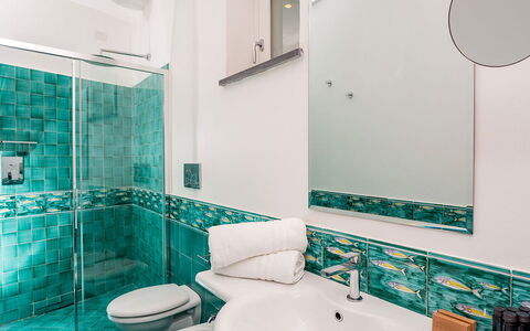 Villa Sole di Amalfi: Blue, Flooring, Floor, Interior Design, Plumbing Fixture, Tile, Bathroom, Plumbing, Tap, Ceramic