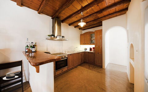 Villa Tychi: Flooring, Wood, Interior Design, Ceiling, Floor, Countertop, Kitchen, Furniture, Cabinetry, Room