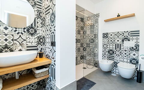 Apartment Vittoria: Flooring, Interior Design, Plumbing Fixture, Floor, Bathroom, Bathroom Sink, Tile, Toilet, Plumbing, Tap
