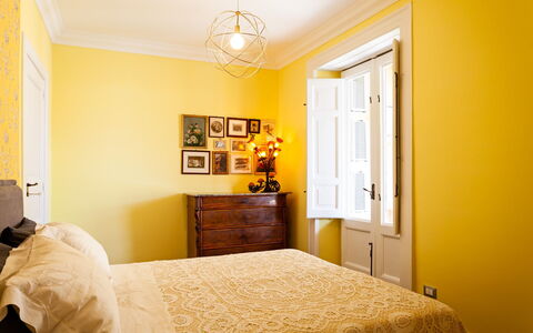 Interno Sorrentino: Yellow, Wall, Interior Design, Floor, Furniture, Flooring, Bedroom, Room, Home, Bed