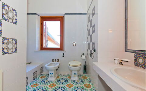 Villa Lo Capo: Blue, Flooring, Floor, Bathroom, Interior Design, Plumbing Fixture, Tile, Mosaic, Tap, Plumbing