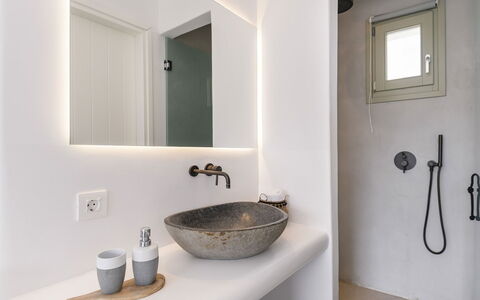 The Mykonian Castle: Plumbing Fixture, Bathroom, Wall, Interior Design, Sink, Bathroom Sink, Flooring, Tap, Mirror, Floor