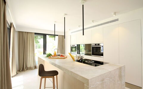 Villa Amaranta: Interior Design, Flooring, Countertop, Furniture, Kitchen, Floor, Wall, Wood, Light Fixture, Ceiling