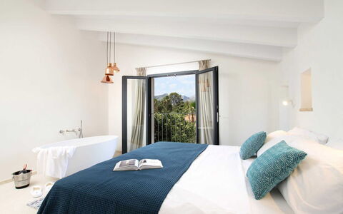 Villa Amaranta: Home, Furniture, Interior Design, Bedroom, Linens, Bed, Resort, Chair, Bedding, Lamp