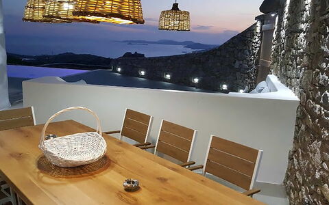 Villa Elmas: Furniture, Chair, Ceiling, Shade, Natural Material, Light Fixture, Balcony, Restaurant, Kitchen & Dining Room Table