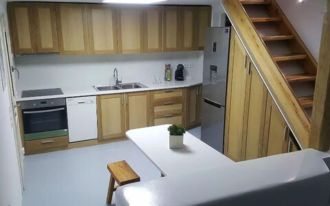 Villa Elmas: Flooring, Wood, Furniture, Floor, Interior Design, Cabinetry, Countertop, Kitchen, Ceiling, Cupboard