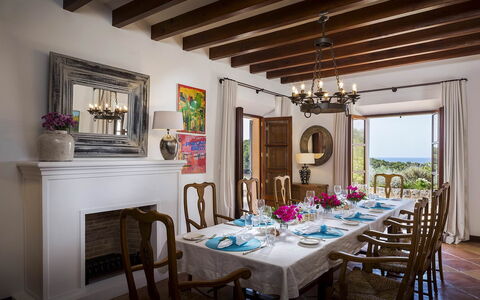 Villa Mallorca: Furniture, Interior Design, Table, Dining Room, Tableware, Chair, Kitchen & Dining Room Table, Lighting, Flooring, Room