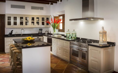 Villa Mallorca: Kitchen, Kitchen Appliance, Countertop, Kitchen Stove, Major Appliance, Furniture, Cabinetry, Interior Design, Home Appliance, Flooring