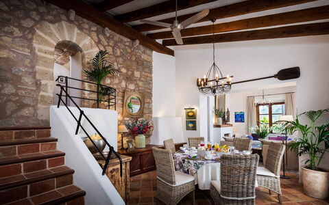 Villa Carlos: Furniture, Interior Design, Flooring, Chair, Table, Floor, Lighting, Ceiling, Kitchen & Dining Room Table, Dining Room
