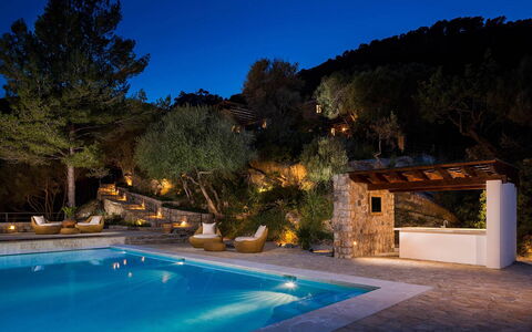 Villa Carlos: Swimming Pool, Resort, Eco Hotel, Outdoor Furniture, Water Feature, Shade, Flagstone, Landscape Lighting, Landscaping, Hacienda