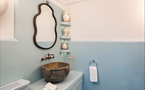 Villa Gem: Blue, Plumbing Fixture, Interior Design, Bathroom, Tap, Plumbing, Mirror, Home, Bathroom Sink, Light Fixture
