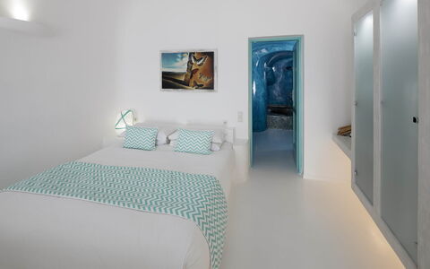 Neli Suite: Blue, Bedroom, Interior Design, Bed, Furniture, Apartment, Throw Pillow, Bedding, Pillow, Ceiling