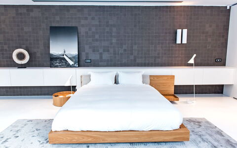 Villa Sound: Furniture, Bed, Bedroom, Interior Design, Flooring, Wall, Floor, Wood, Bedding, Bed Sheet