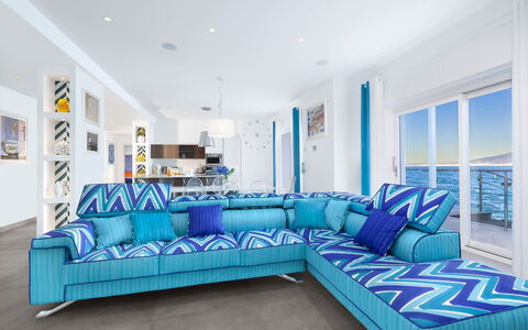 Villa Marina Grande: Blue, Furniture, Couch, Interior Design, Living Room, Textile, Floor, Flooring, Throw Pillow