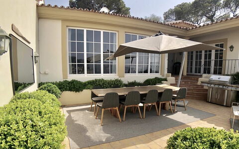 Villa Serrano: Furniture, Outdoor Furniture, Table, Chair, Outdoor Table, Shade, Umbrella, Kitchen & Dining Room Table, Patio, Garden