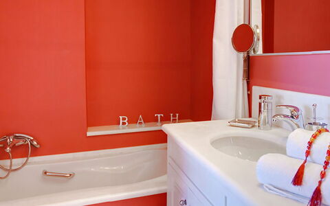Red Villa: Red, Wall, Plumbing Fixture, Bathroom, Orange, Interior Design, Tap, Bathroom Sink, Plumbing, Flooring