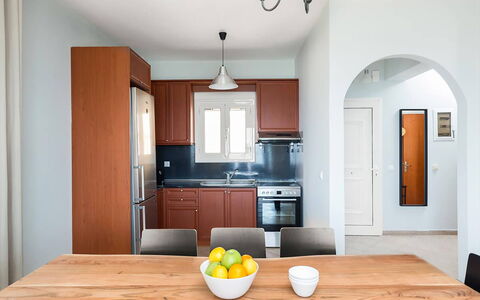 Villa Eftychia: Furniture, Interior Design, Flooring, Kitchen, Wood, Cabinetry, Floor, Chair, Countertop, Major Appliance