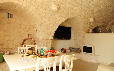 Masseria San Michele: Wall, Furniture, Interior Design, Flooring, Ceiling, Floor, Room, Chair, Living Room, Stone Wall