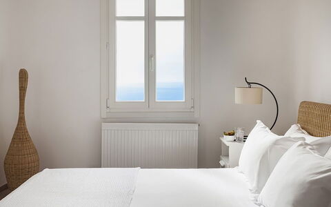 Villa Persephone: Bedroom, Bed, Bedding, Furniture, Bed Sheet, Linens, Interior Design, Textile, Throw Pillow, Bed Frame