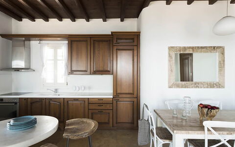 Villa Elpida: Furniture, Interior Design, Flooring, Wood, Countertop, Table, Kitchen, Floor, Chair, Ceiling