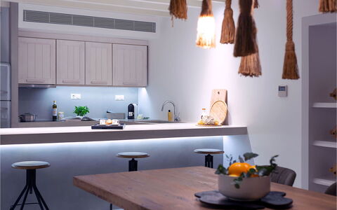 Villa Stardust: Furniture, Interior Design, Kitchen, Light Fixture, Countertop, Ceiling, Lighting, Flooring, Home, Kitchen Appliance