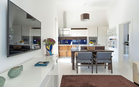 Villa Betty: Furniture, Interior Design, Flooring, Chair, Floor, Ceiling, Wood, Table, Room, Kitchen