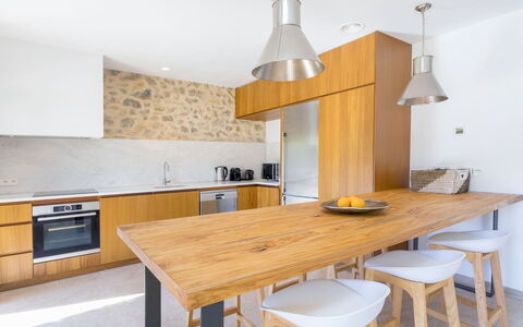 Villa Allegra: Furniture, Kitchen, Countertop, Interior Design, Flooring, Cabinetry, Floor, Kitchen Appliance, Wood, Ceiling