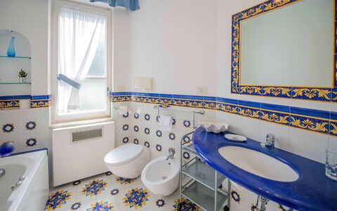 Villa Grazia: Blue, Interior Design, Flooring, Floor, Plumbing Fixture, Lighting, Tap, Bathroom Sink, Bathroom, Tile