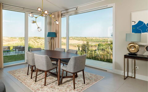 Green Hill: Furniture, Interior Design, Chair, Table, Flooring, Kitchen & Dining Room Table, Floor, Dining Room, Ceiling, Room