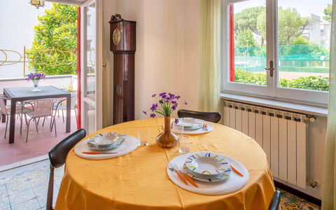 Apartment Amina: Interior Design, Furniture, Dining Room, Flooring, Table, Room, Tablecloth, Kitchen & Dining Room Table, Floor, Home