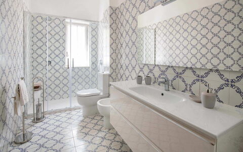 Apartment Amina: Flooring, Floor, Tile, Interior Design, Bathroom, Plumbing Fixture, Design