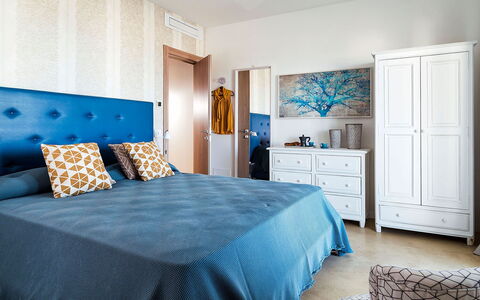 Villa Orietta: Furniture, Bed, Blue, Bedroom, Interior Design, Bedding, Bed Sheet, Flooring, Floor, Wood