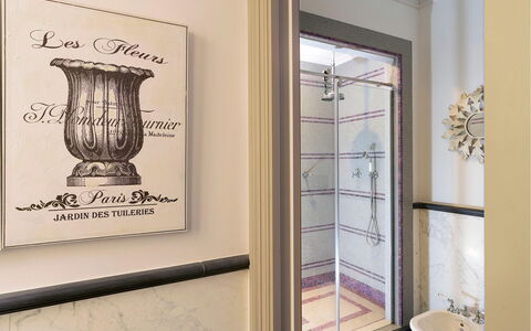 Dimora Simona: Interior Design, Flooring, Floor, Plumbing, Glass, Plumbing Fixture, Molding, Bathroom, Tile, Picture Frame