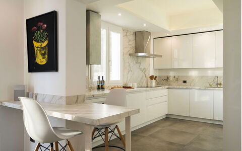 Sea Art Villa: Furniture, Interior Design, Flooring, Countertop, Wall, Floor, Kitchen, Wood, Light Fixture, Ceiling