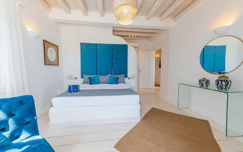 Seaside Villa: Blue, Furniture, Interior Design, Bedroom, Bed, Flooring, Floor, Room, Linens, Lighting