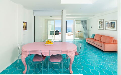 Casa Pink: Blue, Furniture, Interior Design, Flooring, Floor, Pink, Room, Apartment, Chair, Living Room