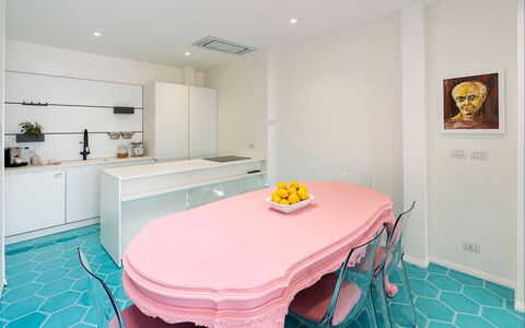 Casa Pink: Interior Design, Flooring, Floor, Furniture, Ceiling, Lighting, Home, Room, Pink, Kitchen