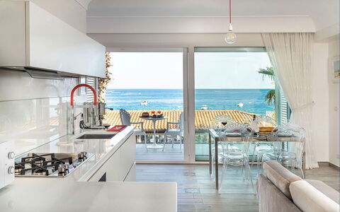 Casa Light Blu: Furniture, Interior Design, Wood, Kitchen, Flooring, Floor, Table, Countertop, Chair, Apartment