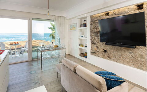 Casa Light Blu: Furniture, Interior Design, Flooring, Floor, Sea, Apartment, Coast, Room, Living Room, Ocean