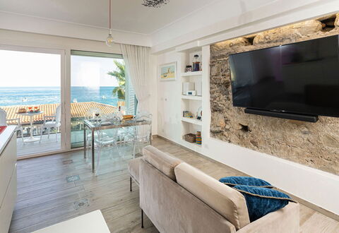 Casa Light Blu: Furniture, Interior Design, Flooring, Floor, Sea, Apartment, Coast, Room, Living Room, Ocean