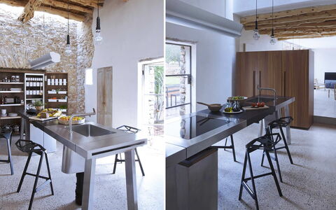 Villa Cave: Flooring, Furniture, Wood, Interior Design, Floor, Table, Kitchen, Room, Countertop, Kitchen & Dining Room Table