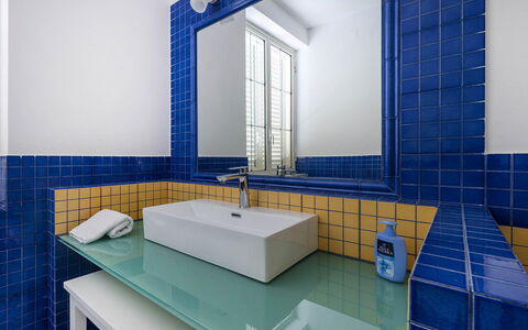 Mermaid Villa: Blue, Plumbing Fixture, Interior Design, Bathroom Sink, Flooring, Tap, Bathroom, Tile, Floor, Sink