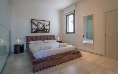 Villa Ilona: Bed, Interior Design, Bedroom, Floor, Furniture, Flooring, Bedding, Bed Sheet, Room, Wood