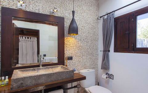 Villa Blueberry: Bathroom, Interior Design, Plumbing Fixture, Bathroom Sink, Wall, Sink, Flooring, Tap, Mirror, Light Fixture
