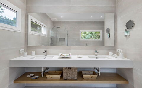 Villa Relaja: Bathroom, Bathroom Sink, Plumbing Fixture, Sink, Interior Design, Flooring, Countertop, Bathroom Cabinet, Tap, Mirror